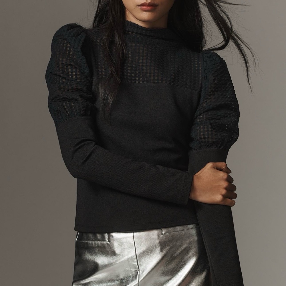 Anthropologie Maeve Black Mutton-Sleeve Mock-Neck Slim Top